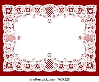 Lace Doily Place Mat. Antique Border Design, Vintage Pattern, White Isolated On Red Background For Setting Table, Holidays, Celebrations, Scrapbooks, Cake Decorating, Valentines Day. EPS8 Compatible.