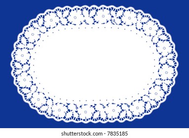 Lace Doily Place Mat. Antique rose border, vintage pattern, white oval isolated on blue background for setting table, holidays, celebrations, scrapbooks, cake decorating, arts, craft. 