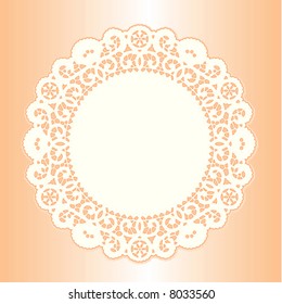 Lace Doily Place Mat, Antique Vintage Border Design With Copy Space, Pastel Coral Background. For Setting Table, Holidays, Celebrations, Scrapbooks, Cake Decorating, EPS8 Compatible. 