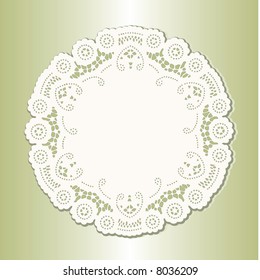 Lace Doily Place Mat, antique vintage border design with copy space, pastel green background. For setting table, holidays, celebrations, scrapbooks, cake decorating. 