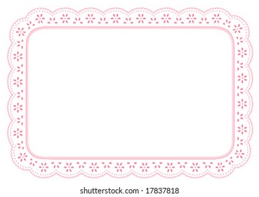 Lace Doily Place Mat, pastel pink eyelet border design, isolated on white background, for table setting, home decor, arts, crafts, scrapbooks, albums. Copy space.  