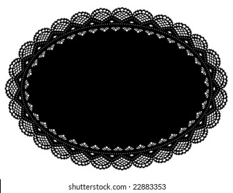 Lace Doily Place Mat, Vintage Design Pattern. Antique Oval Scalloped Border, Black Oval Background For Setting Table, Holidays, Celebrations, Scrapbooks, Cake Decorating, Arts, Craft. EPS8 Compatible.