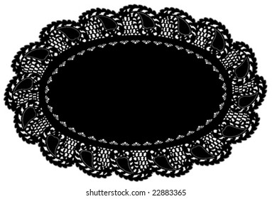 Lace Doily Place Mat, vintage leaf border design pattern. Antique oval place setting in black for setting table, cake decorating, scrapbooks, holidays, copy space. 