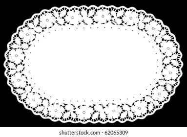 Lace Doily Place Mat. Vintage Antique Rose Border Pattern, White Oval, Black Background For Setting Table, Holidays, Celebrations, Scrapbooks, Cake Decorating, Arts, Crafts. EPS8 Compatible.