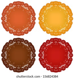 Lace Doily Place Mats, antique design, fall harvest palette: pumpkin, goldenrod, chestnut, persimmon, for Thanksgiving, autumn, holidays, scrapbooks, setting table, cake decorating.  