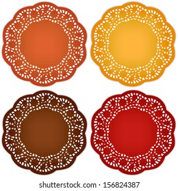 Lace Doily Place Mats, antique pattern, fall harvest palette: pumpkin, goldenrod, chestnut, persimmon, for Thanksgiving, autumn, holidays, scrapbooks, setting table, cake decorating. 