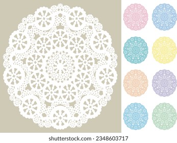 Lace Doily Place Mats, antique vintage filigree design pattern in nine pastel colors, for setting table, cake decorating, holidays, crafts, scrapbooks, albums.
