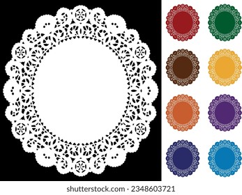 Lace Doily Place Mats, antique vintage filigree design pattern in nine pastel colors, for setting table, cake decorating, holidays, crafts, scrapbooks, albums.
