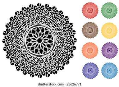 Lace Doily Place Mats, antique filigree design pattern in eight jewel colors and white on black background, for setting table, cake decorating, holidays, crafts, scrapbooks, albums. 