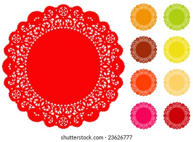 Lace Doily Place Mats, antique vintage design pattern in 9 bright colors with round copy space, for setting table, cake decorating, holidays, crafts, scrapbooks, albums. EPS8 compatible.