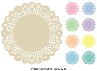 Lace Doily Place Mats, antique vintage design pattern in 9 pastel colors with round copy space, for setting table, cake decorating, holidays, crafts, scrapbooks, albums. EPS8 compatible.