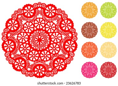 Lace Doily Place Mats, antique vintage filigree design pattern in nine colors isolated on white background, for setting table, cake decorating, holidays, crafts, scrapbooks, albums. EPS10 compatible.