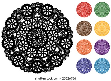 Lace Doily Place Mats, antique vintage filigree design pattern, 8 jewel colors and black on white background, for setting table, cake decorating, holidays, crafts, scrapbooks, albums. EPS8 compatible.