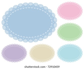 Lace Doily Place Mats, antique vintage design pattern in 6 pastel colors with oval copy space, for setting table, cake decorating, holidays, crafts, scrapbooks, baby albums. 