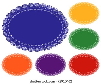 Lace Doily Place Mats, antique vintage design pattern in 6 bright jewel colors with oval copy space, for setting table, cake decorating, holidays, crafts, scrapbooks, albums. 