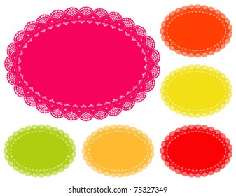 Lace Doily Place Mats, antique vintage design pattern in 6 bright summer colors with oval copy space, for setting table, cake decorating, holidays, crafts, scrapbooks, albums. 