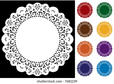 Lace Doily Place Mats, antique vintage design pattern in 8 jewel colors, white on black background, copy space, for setting table, cake decorating, holiday, craft, scrapbooks, albums. 