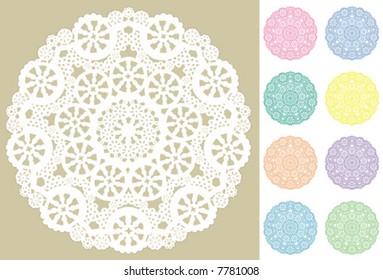 Lace Doily Place Mats, antique vintage filigree design pattern in nine pastel colors, for setting table, cake decorating, holidays, crafts, scrapbooks, albums. 