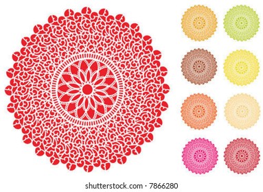 Lace Doily Place Mats, antique vintage filigree design pattern in 9 colors isolated on white background, for setting table, cake decorating, holidays, crafts, scrapbooks, albums. 