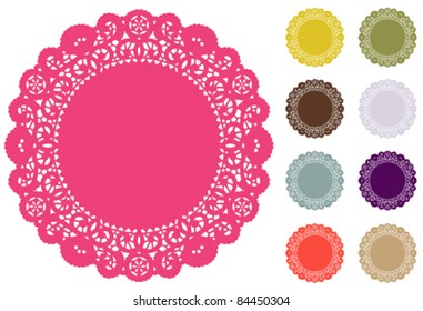 Lace Doily Place Mats, antique vintage design pattern, nine  modern Pantone fashion colors, round copy space, for setting table, cake decorating, holidays, crafts, scrapbooks, albums. 