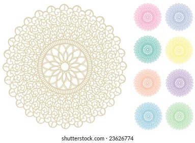 Lace Doily Place Mats, vintage filigree design pattern in nine pastel colors isolated on white background, for setting table, cake decorating, holidays, crafts, scrapbooks, albums. EPS8 compatible.