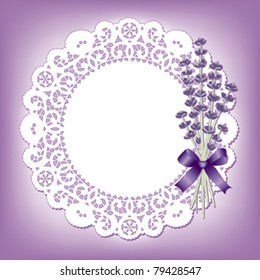 Lace Doily, Sweet Lavender, Vintage place mat, flower bouquet, satin ribbon, pastel violet background. Copy space for Mother's Day, birthday, anniversary, wedding, cake decorating. 