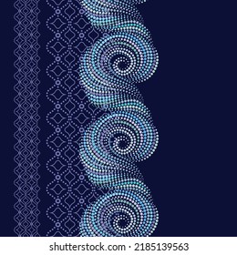 Lace dotted vertical blue seamless pattern. Beautiful ethnic ornament . Vector print. Use for braid, tape, ribbon.