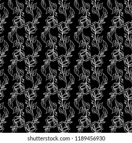Lace elegant vintage floral pattern - light gray line art on a black background, hand drawn vector illustration