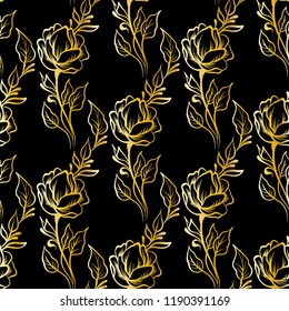 Lace elegant vintage floral pattern - gold line art on a black background, hand drawn vector illustration