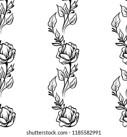 Lace elegant vintage pattern with flowers - black line art on a white background, hand drawn vector illustration