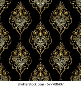 Lace elegant vintage pattern - golden line art on black background, hand drawn vector illustration
