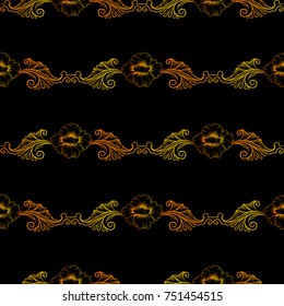 Lace elegant vintage pattern - golden line art on black background, hand drawn vector illustration