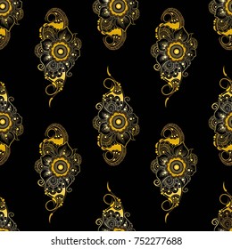 Lace elegant vintage pattern - golden line art on black background, hand drawn vector illustration