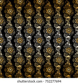 Lace elegant vintage pattern - golden line art on black background, hand drawn vector illustration