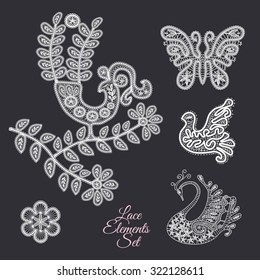 Lace elements set: bird, butterfly, swan, dove, flower. Scrapbook design elements. Vector collection