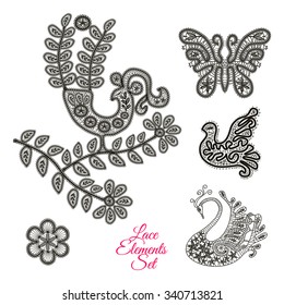 Lace elements set: bird, butterfly, swan, dove, flower. Scrapbook design elements. Vector collection