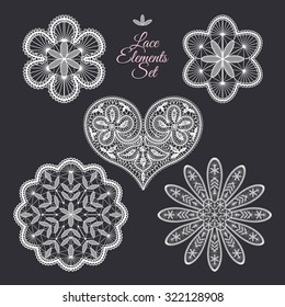 Lace elements set: heart, flowers, mandala.  Scrapbook design elements. Vector collection