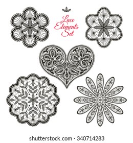 Lace elements set: heart, flowers, mandala.  Scrapbook design elements. Vector collection