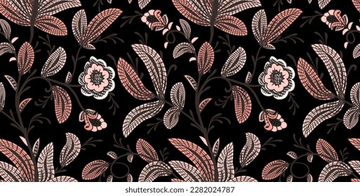 El bordado de encaje floral sin costuras. Fantasía estampado barroco marrón con hojas y flores. Tejidos orientales dibujados a mano. Fondo negro decorativo vectorial. Reticular textil.