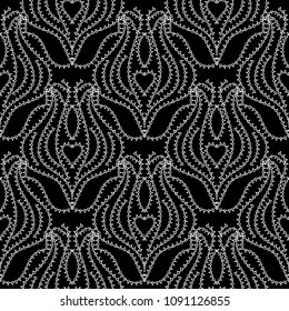 Lace ethnic seamless pattern. Black and white abstract ornamental background. Patterned design with line art tracery doodle elegance stitch ornament. Vintage floral texture. For fabric, print, textile
