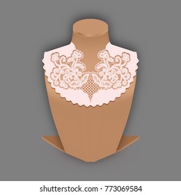 Lace fabric element with openwork flowers on Stand dummy. White tracery pattern on realistic mannequin. Vector Illustration