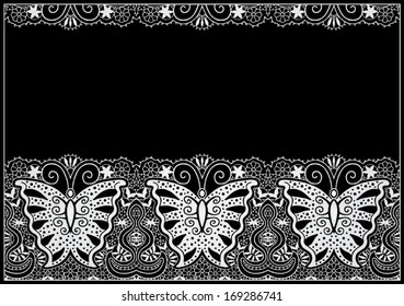 Lace fabric seamless pattern with butterfly and flowers, design element, hand drawn sketch border, vector illustration