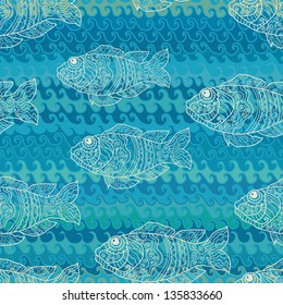 Lace fishes and waves seamless pattern in sea green tones.Endless aquatic background