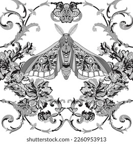 Lace floral background. Butterfly, flowers. Vector illustration