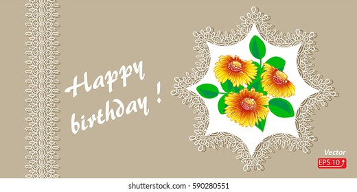 Lace floral beige greeting card with blooming sunflowers,  vector illustration   