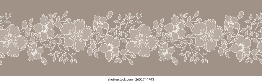 Lace floral border with branches, leaves and flowers. Beige seamless horizontal background with a beautiful hand drawn garland. Vector illustration
