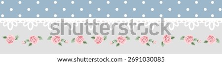 Lace Floral Border Pattern with Pink Roses and Blue Polka Dots in Shabby Chic Vintage Style