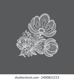 Lace floral decorative element. Vector white lace branches with flowers