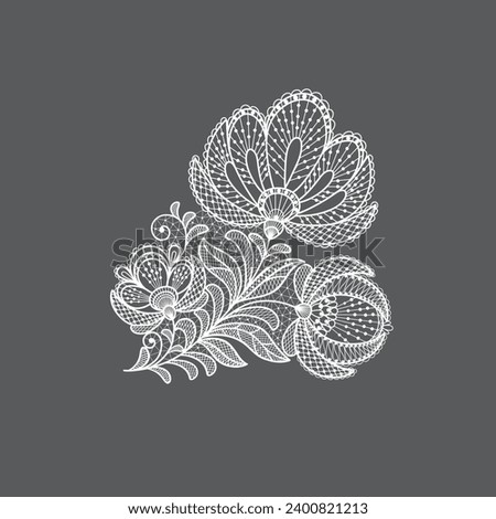 Lace floral decorative element. Vector white lace branches with flowers