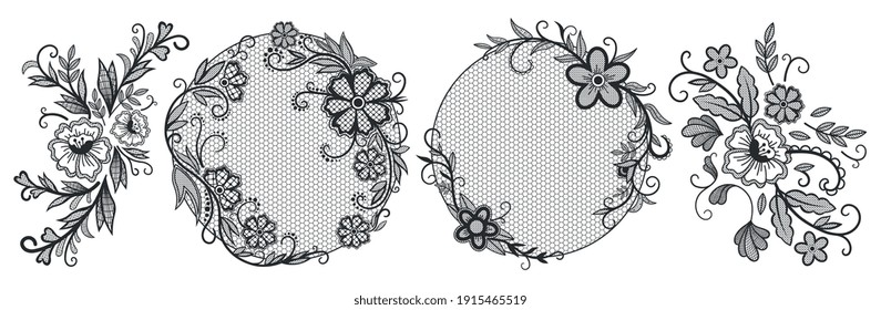 Lace floral elements. Vintage decorative pattern, beautiful floral wedding lace decoration. Romantic lace doily elements vector illustration set. Floral ornament decorative, lace decoration flower